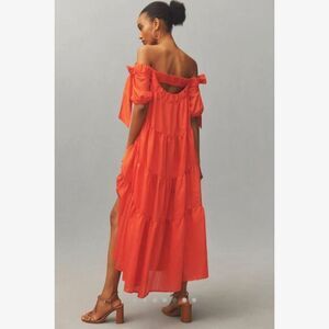 Anthropologie Orange Off Shoulder Midi Dress XS Boho Beach Wedding Guest NWT